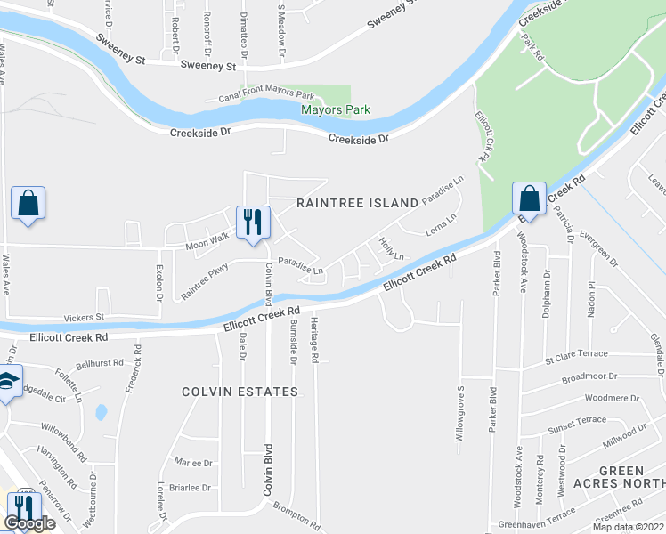 map of restaurants, bars, coffee shops, grocery stores, and more near 64 Paradise Lane in Tonawanda