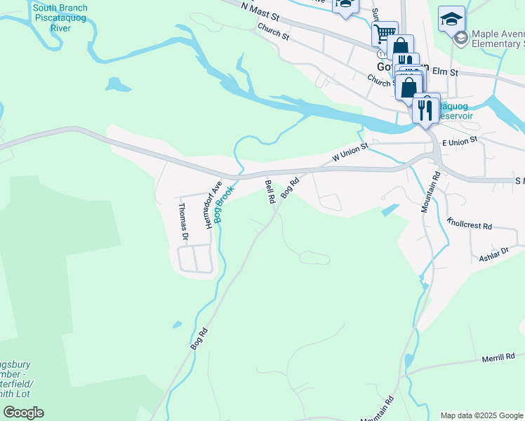 map of restaurants, bars, coffee shops, grocery stores, and more near 18 Bell Road in Goffstown