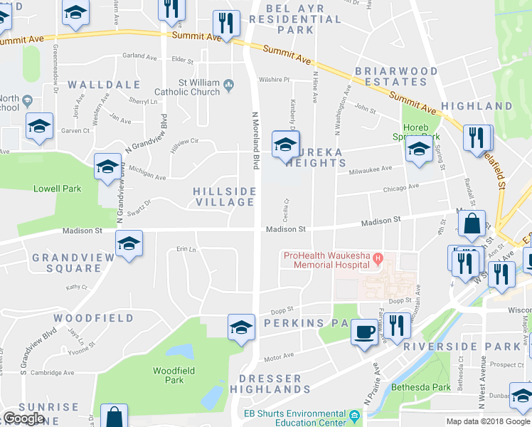 map of restaurants, bars, coffee shops, grocery stores, and more near 143 North Moreland Boulevard in Waukesha