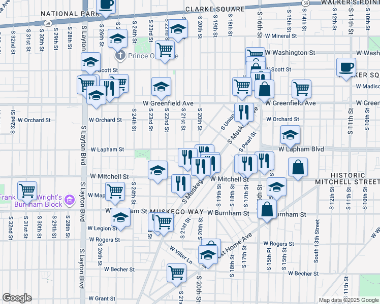 map of restaurants, bars, coffee shops, grocery stores, and more near 2027A West Lapham Street in Milwaukee