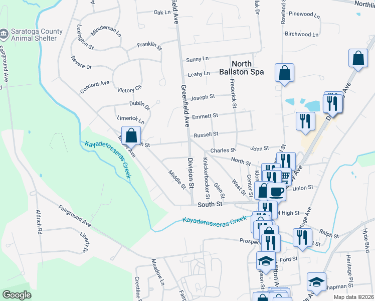 map of restaurants, bars, coffee shops, grocery stores, and more near 87 Division Street in Ballston Spa