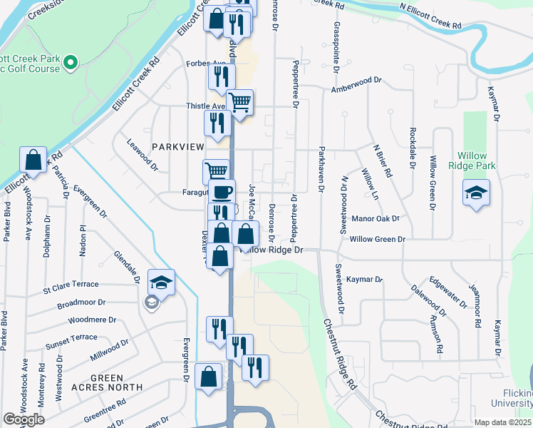 map of restaurants, bars, coffee shops, grocery stores, and more near 54 Denrose Drive in Buffalo