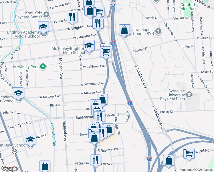 map of restaurants, bars, coffee shops, grocery stores, and more near 3507 South Salina Street in Syracuse
