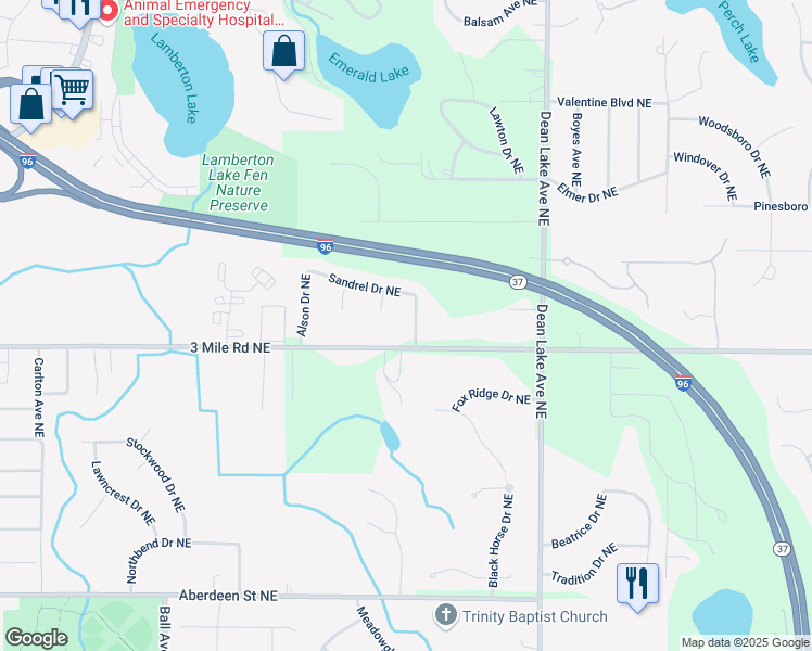 map of restaurants, bars, coffee shops, grocery stores, and more near 2836 Aldale Drive Northeast in Grand Rapids charter Township