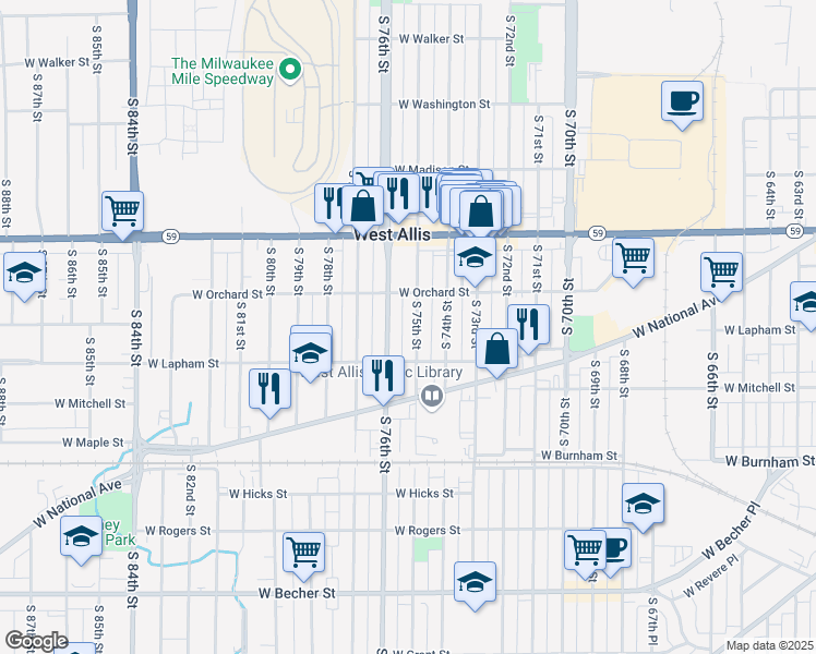 map of restaurants, bars, coffee shops, grocery stores, and more near 1545 South 75th Street in West Allis