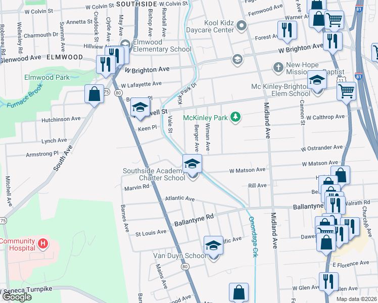 map of restaurants, bars, coffee shops, grocery stores, and more near 185 Baldwin Avenue in Syracuse