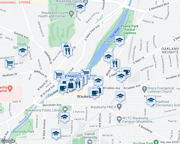 map of restaurants, bars, coffee shops, grocery stores, and more near 927 North Barstow Street in Waukesha