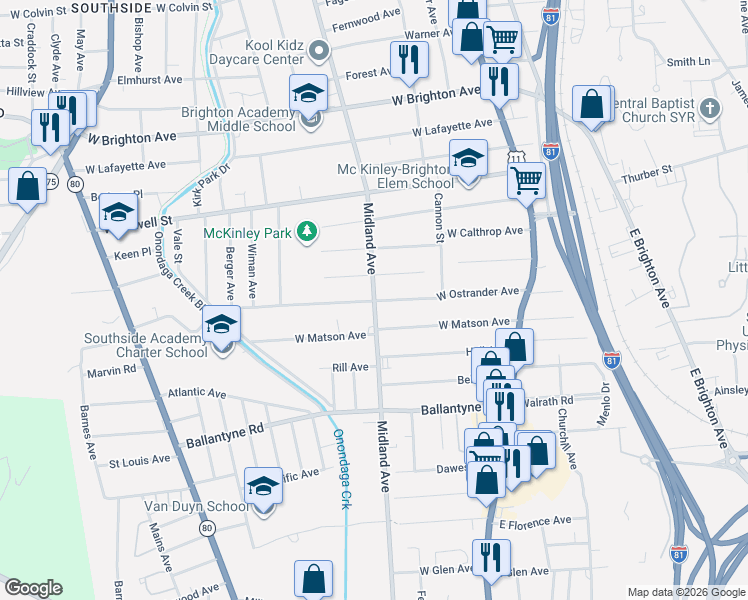 map of restaurants, bars, coffee shops, grocery stores, and more near 2621 Midland Avenue in Syracuse