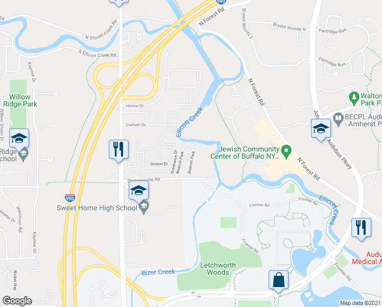 map of restaurants, bars, coffee shops, grocery stores, and more near 5 Beacon Park in Buffalo