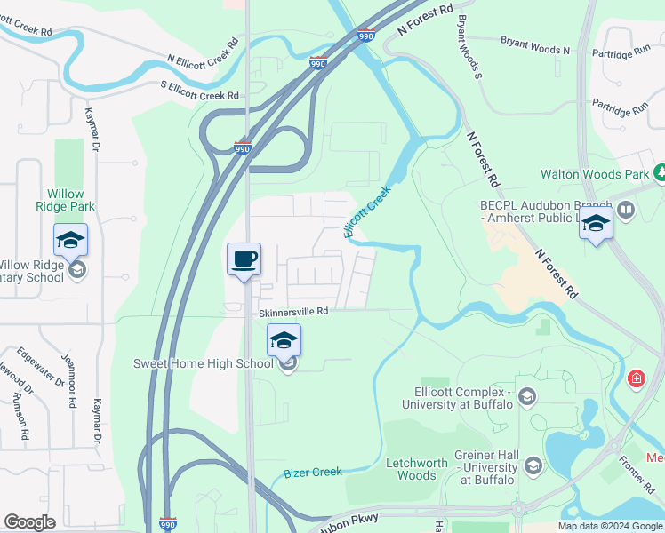 map of restaurants, bars, coffee shops, grocery stores, and more near 215 Charter Oaks Drive in Buffalo