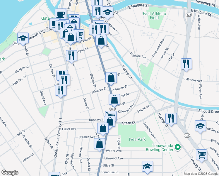 map of restaurants, bars, coffee shops, grocery stores, and more near 190 Delaware Street in Tonawanda