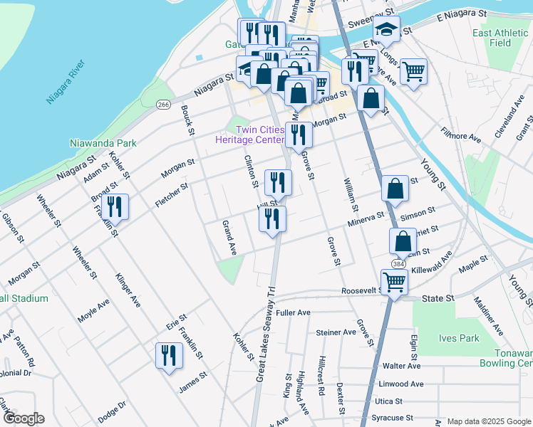 map of restaurants, bars, coffee shops, grocery stores, and more near 27 Hill Street in Tonawanda