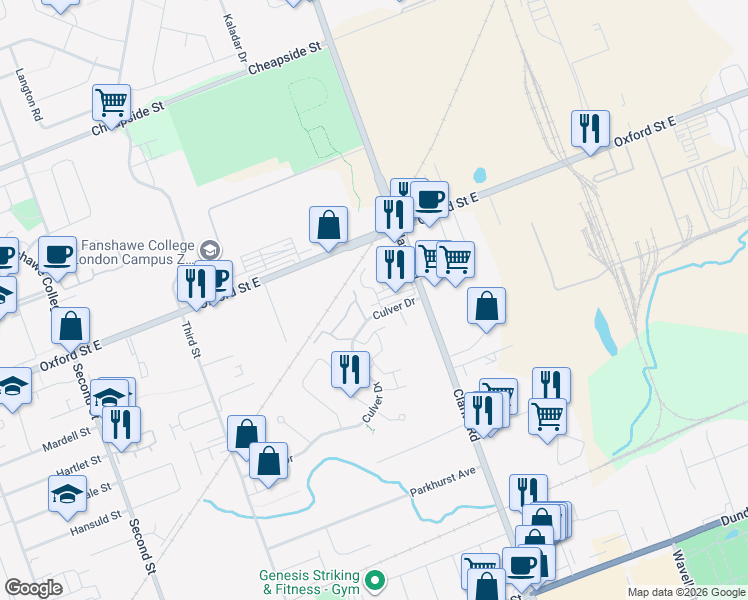 map of restaurants, bars, coffee shops, grocery stores, and more near 1920 Culver Drive in London