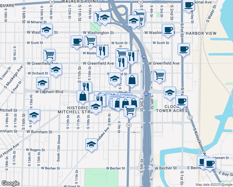 map of restaurants, bars, coffee shops, grocery stores, and more near 725 West Lapham Boulevard in Milwaukee