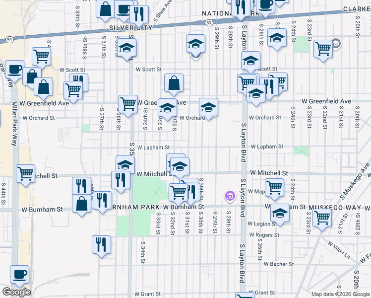 map of restaurants, bars, coffee shops, grocery stores, and more near 1600 South 31st Street in Milwaukee