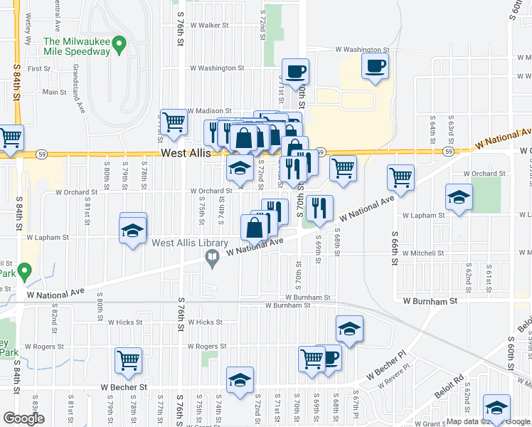 map of restaurants, bars, coffee shops, grocery stores, and more near 1542 South 72nd Street in West Allis