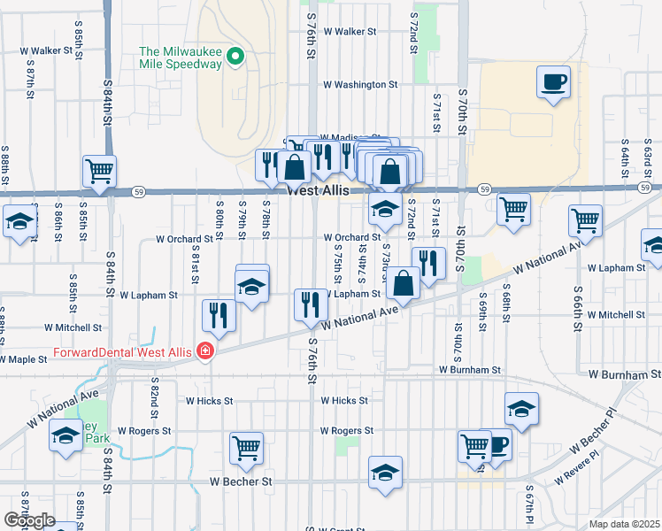 map of restaurants, bars, coffee shops, grocery stores, and more near 1545 South 75th Street in West Allis