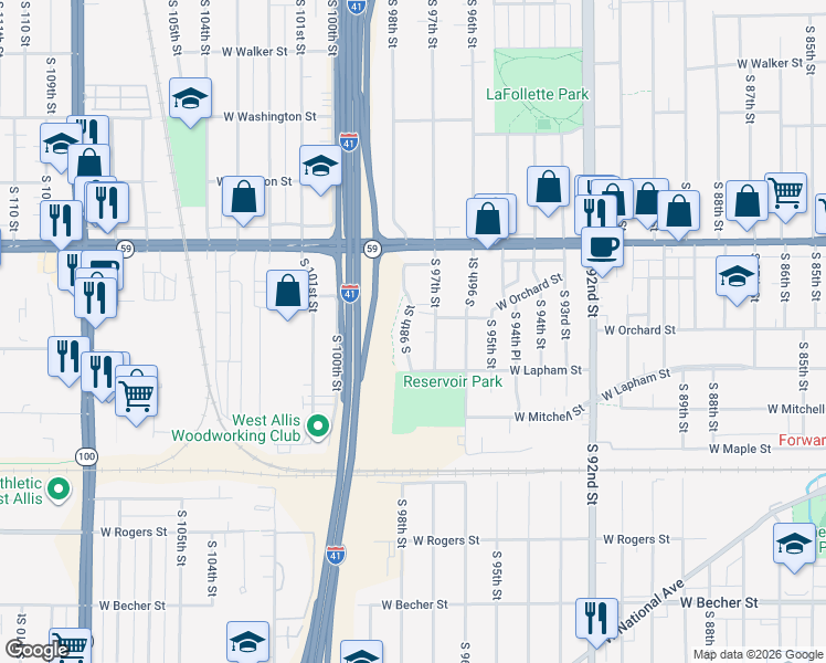 map of restaurants, bars, coffee shops, grocery stores, and more near 1519 South 97th Street in West Allis