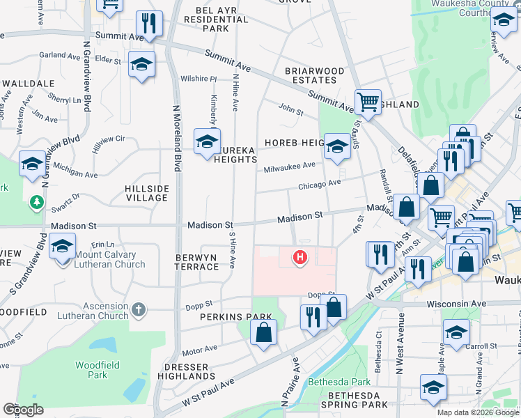 map of restaurants, bars, coffee shops, grocery stores, and more near 115 North Washington Avenue in Waukesha