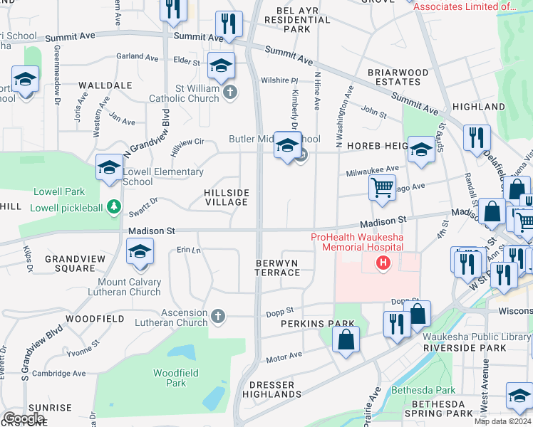 map of restaurants, bars, coffee shops, grocery stores, and more near 143 North Moreland Boulevard in Waukesha