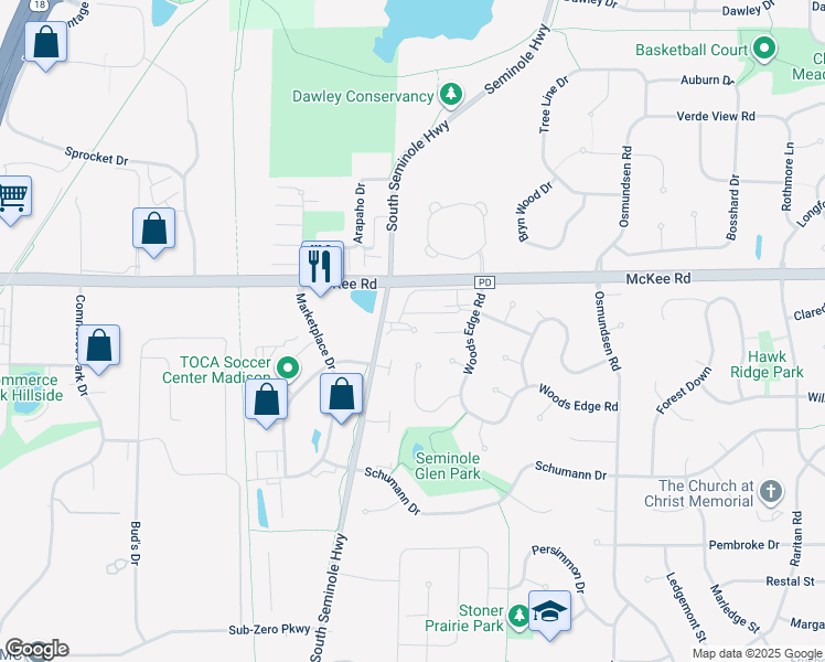 map of restaurants, bars, coffee shops, grocery stores, and more near 5938 Forest Lane in Fitchburg