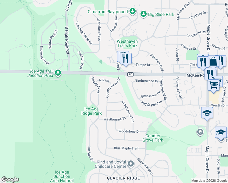 map of restaurants, bars, coffee shops, grocery stores, and more near 5 Autumnwood Circle in Madison