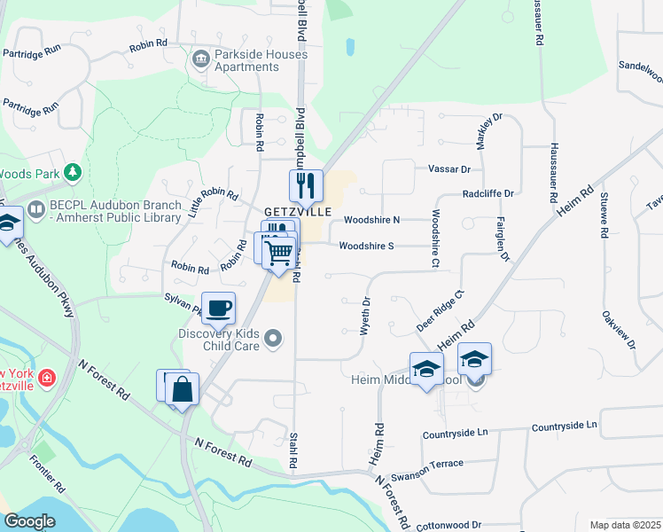 map of restaurants, bars, coffee shops, grocery stores, and more near 64 Drawbridge Ct in Getzville