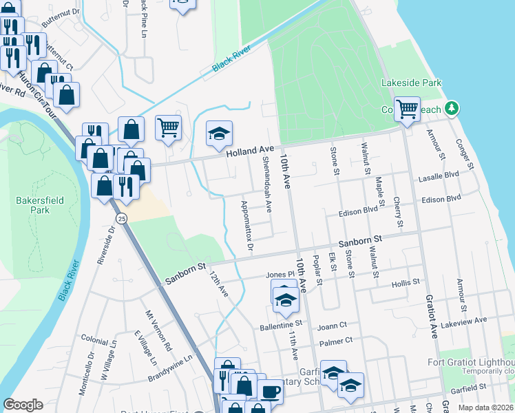 map of restaurants, bars, coffee shops, grocery stores, and more near 1437 Devonshire in Port Huron