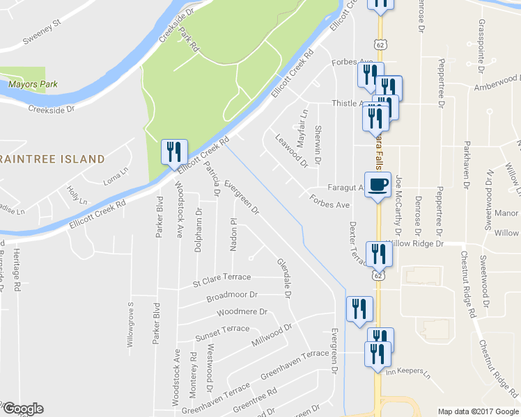 map of restaurants, bars, coffee shops, grocery stores, and more near 663 Evergreen Drive in Tonawanda