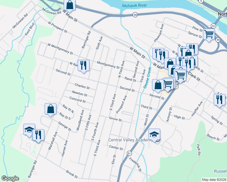 map of restaurants, bars, coffee shops, grocery stores, and more near 14 South Third Avenue in Ilion