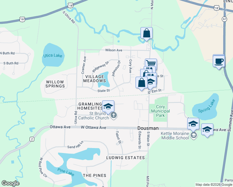 map of restaurants, bars, coffee shops, grocery stores, and more near 109 Johnston Drive in Dousman