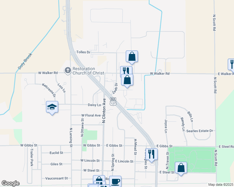 map of restaurants, bars, coffee shops, grocery stores, and more near 1200 Zeeb Drive in Saint Johns