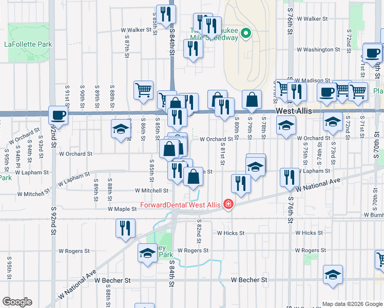 map of restaurants, bars, coffee shops, grocery stores, and more near 1540 South 83rd Street in West Allis