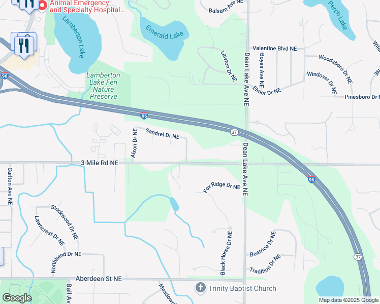 map of restaurants, bars, coffee shops, grocery stores, and more near 2836 Aldale Drive Northeast in Grand Rapids