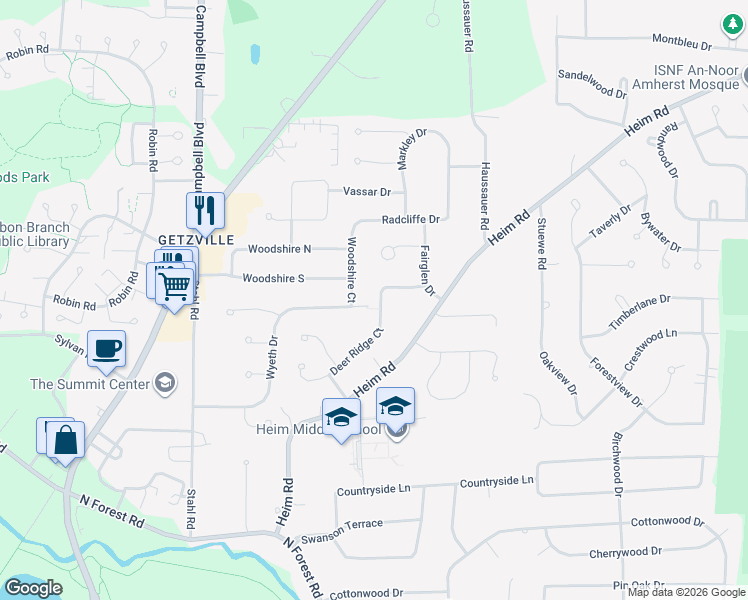 map of restaurants, bars, coffee shops, grocery stores, and more near 76 Deer Ridge in Getzville