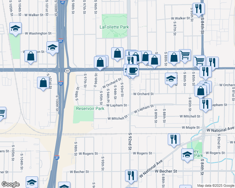 map of restaurants, bars, coffee shops, grocery stores, and more near 1508 South 94th Street in West Allis