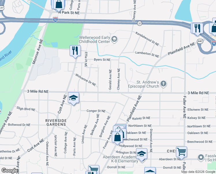 map of restaurants, bars, coffee shops, grocery stores, and more near 2811 Gerald Avenue Northeast in Grand Rapids