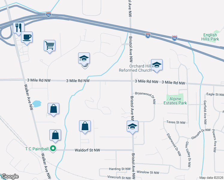 map of restaurants, bars, coffee shops, grocery stores, and more near 1716 3 Mile Road Northwest in Grand Rapids