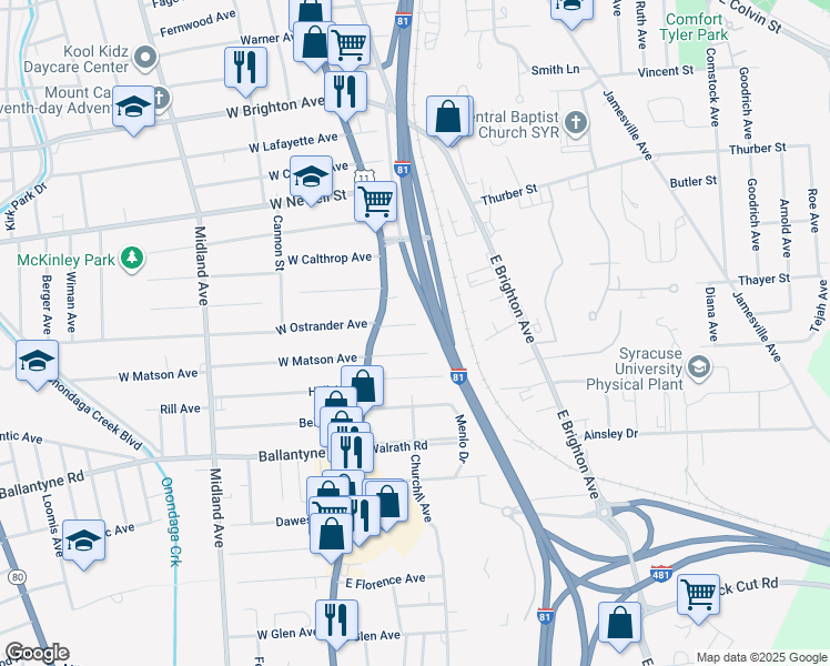 map of restaurants, bars, coffee shops, grocery stores, and more near 110 East Ostrander Avenue in Syracuse