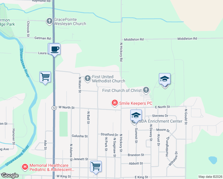 map of restaurants, bars, coffee shops, grocery stores, and more near 118 East Wesley Drive in Owosso
