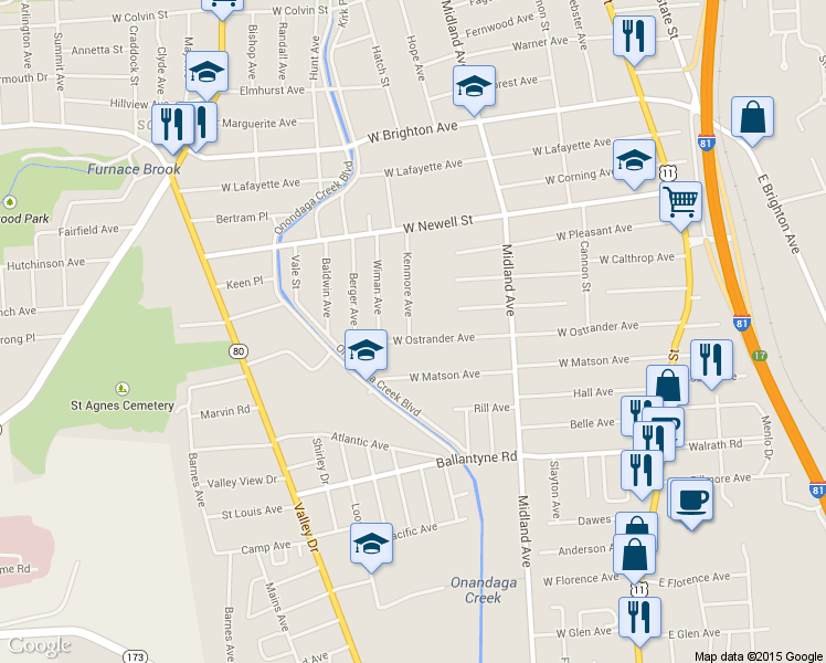 map of restaurants, bars, coffee shops, grocery stores, and more near 444 West Ostrander Avenue in Syracuse