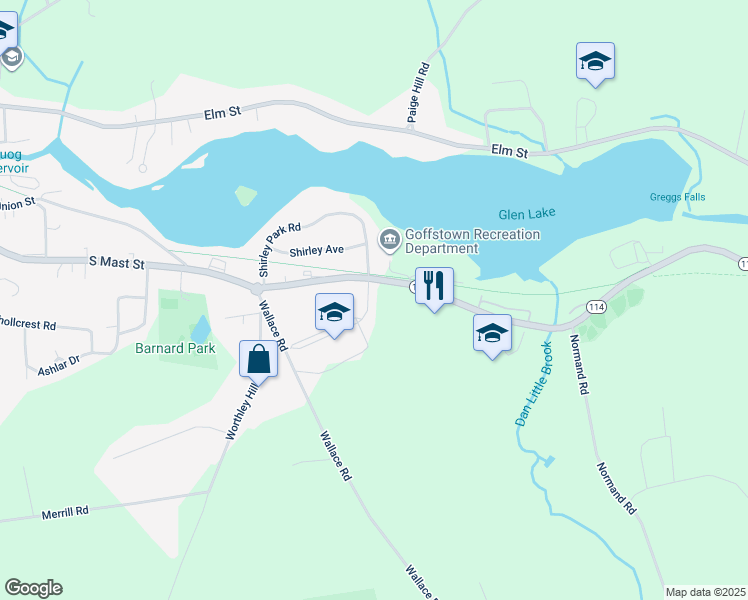 map of restaurants, bars, coffee shops, grocery stores, and more near 9 Park Lane in Goffstown