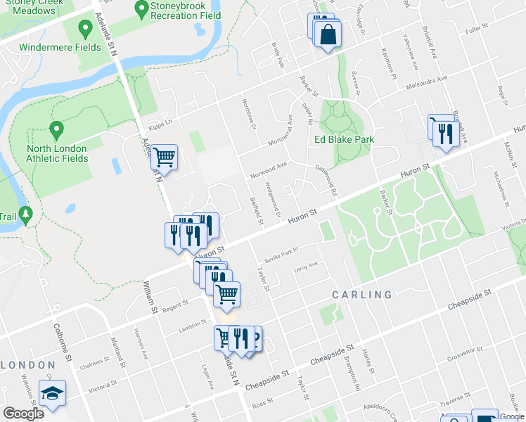 map of restaurants, bars, coffee shops, grocery stores, and more near 294 Belfield Street in London