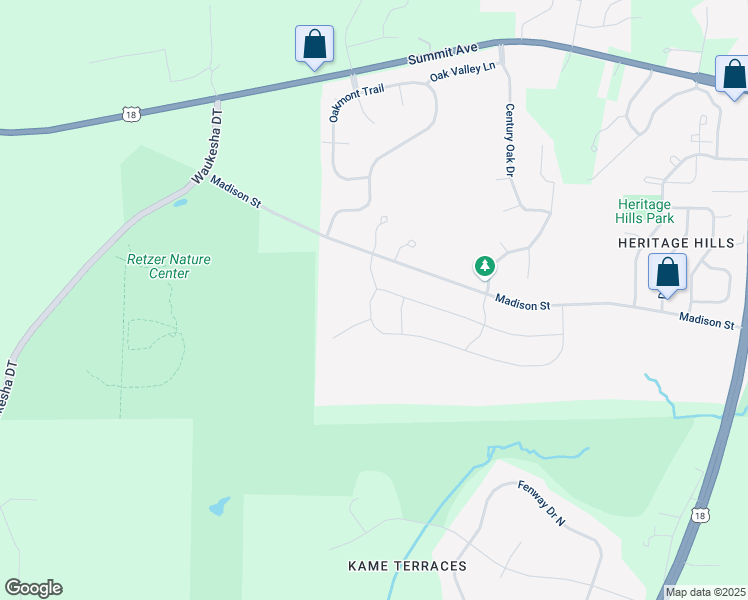 map of restaurants, bars, coffee shops, grocery stores, and more near 128 Scarlet Oak Lane in Waukesha