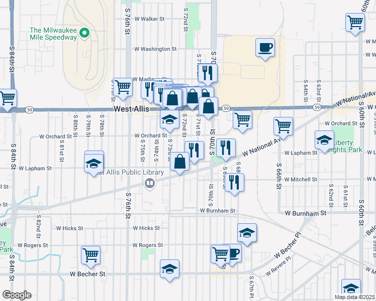 map of restaurants, bars, coffee shops, grocery stores, and more near 1542 South 72nd Street in West Allis