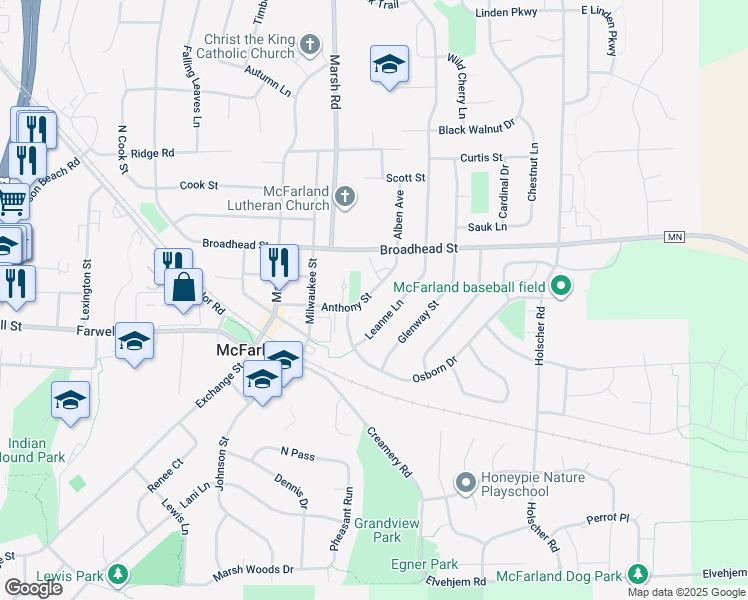 map of restaurants, bars, coffee shops, grocery stores, and more near 5807 Anthony Street in McFarland