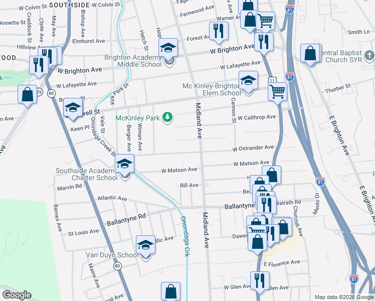 map of restaurants, bars, coffee shops, grocery stores, and more near 322 West Ostrander Avenue in Syracuse