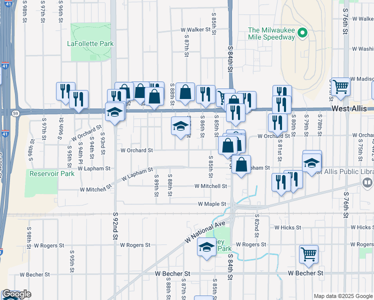map of restaurants, bars, coffee shops, grocery stores, and more near 8710 West Orchard Street in West Allis