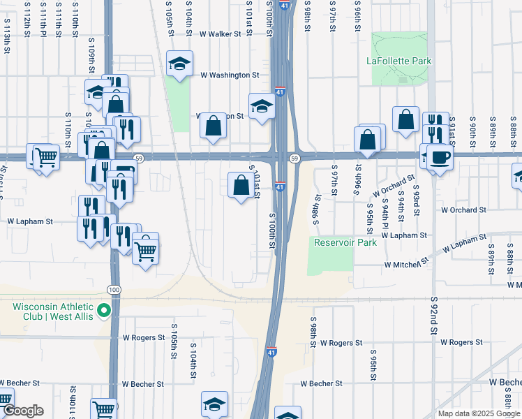 map of restaurants, bars, coffee shops, grocery stores, and more near 1524 South 101st Street in West Allis