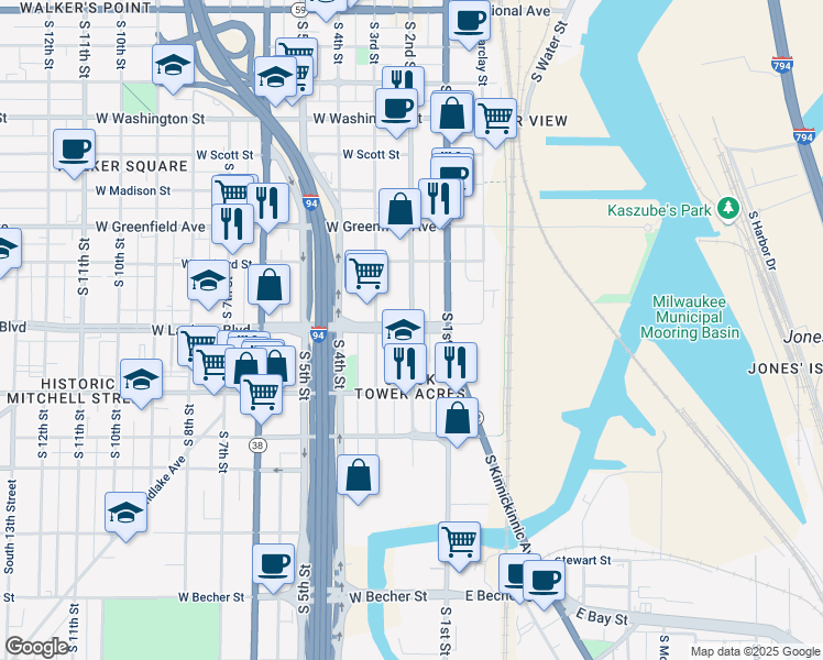 map of restaurants, bars, coffee shops, grocery stores, and more near W Lapham St & S 2nd St in Milwaukee